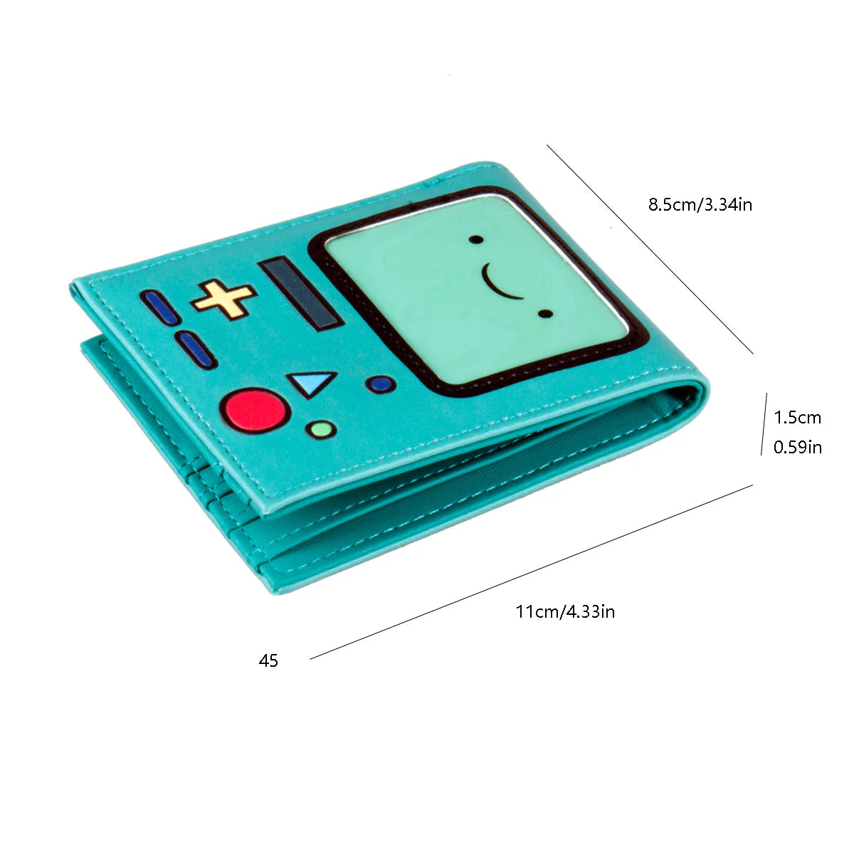 Cartera plegable de pantalla para juegos color verde azulado con soporte de tarjetas grabado y elementos decorativos.