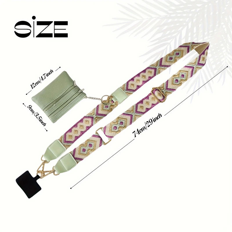 A beige and purple patterned phone lanyard with a detachable light green leather wallet.
