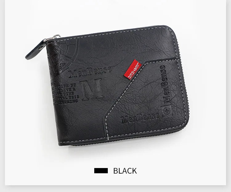 A black MenBense vintage PU leather wallet with a coin pocket and card holder.