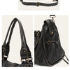 Schwarze Vintage-PU-Leder-Tasche mit goldenen Details, vorne und seitlich gezeigt.