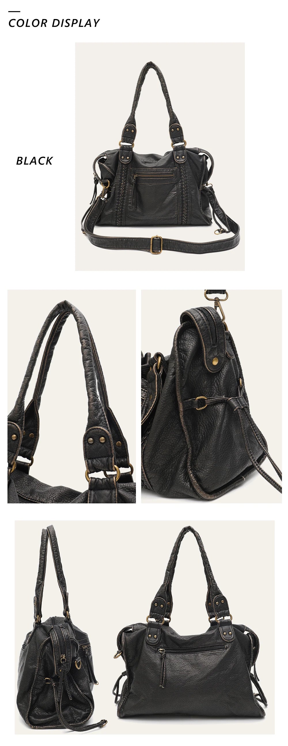Schwarze Vintage-PU-Leder-Tasche mit goldenen Details, vorne und seitlich gezeigt.