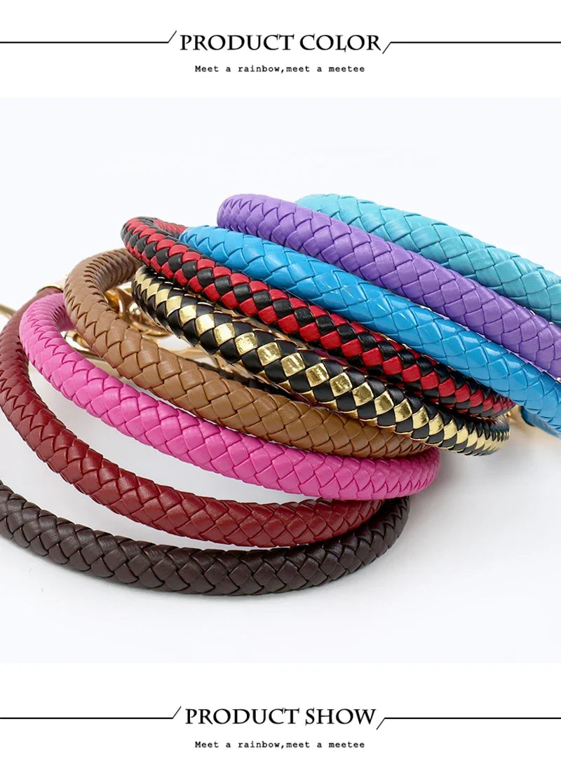 A collection of colorful PU leather replacement bag straps with metal buckles arranged in a fan shape.