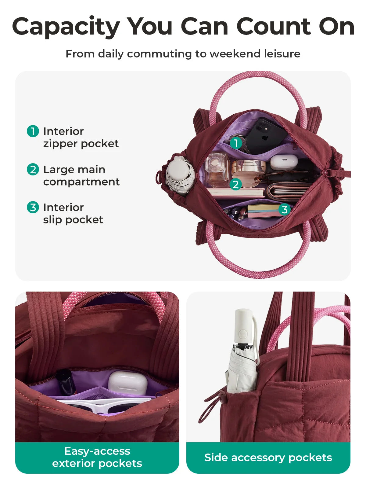 Bolso acolchado marrón en forma de puff con bolsillos interiores y exteriores para uso diario y ocio.