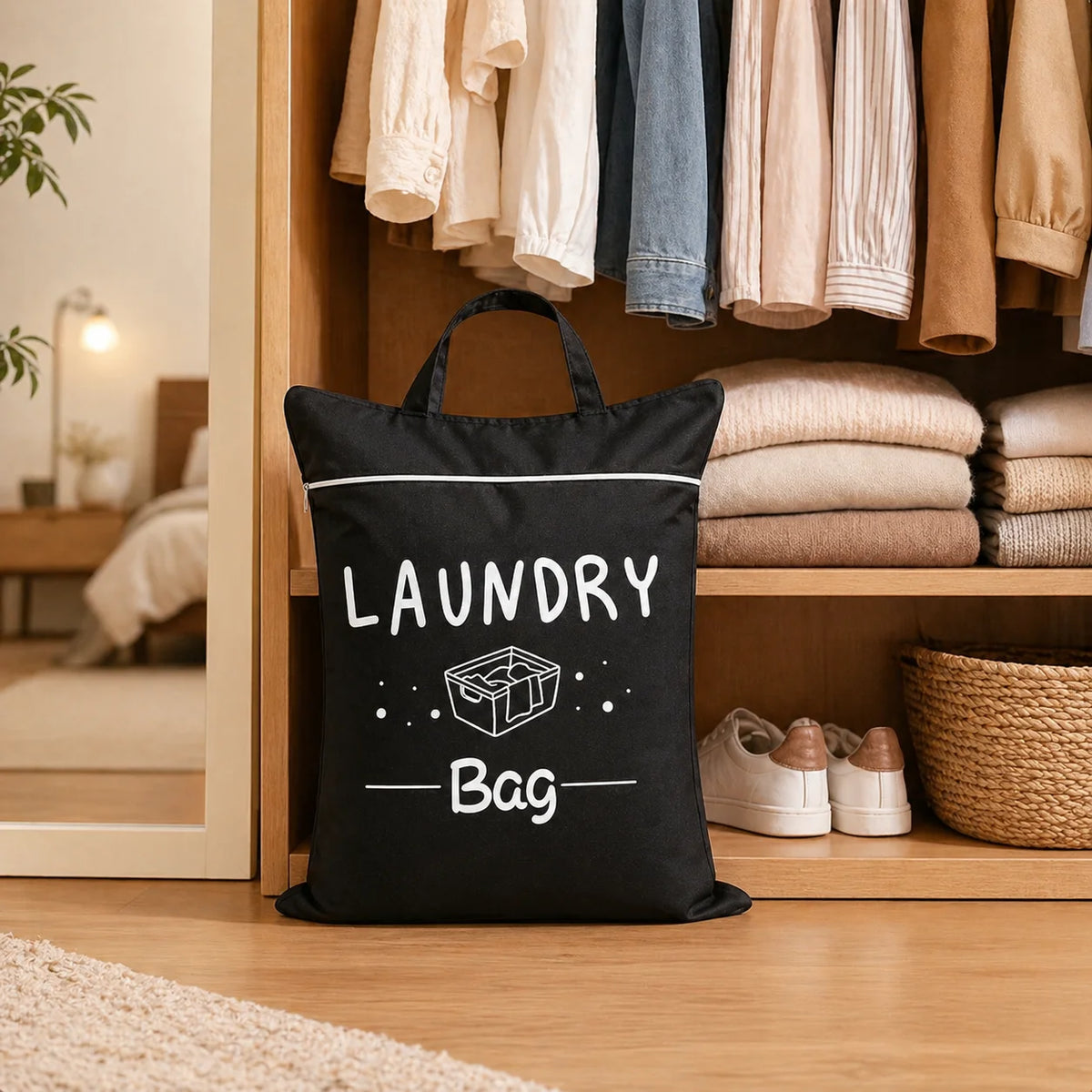 A black laundry bag with a handle is displayed on a wooden shelf among folded textiles.