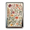A rectangular metal card holder featuring a floral botanical design in shades of pink, orange, and green.