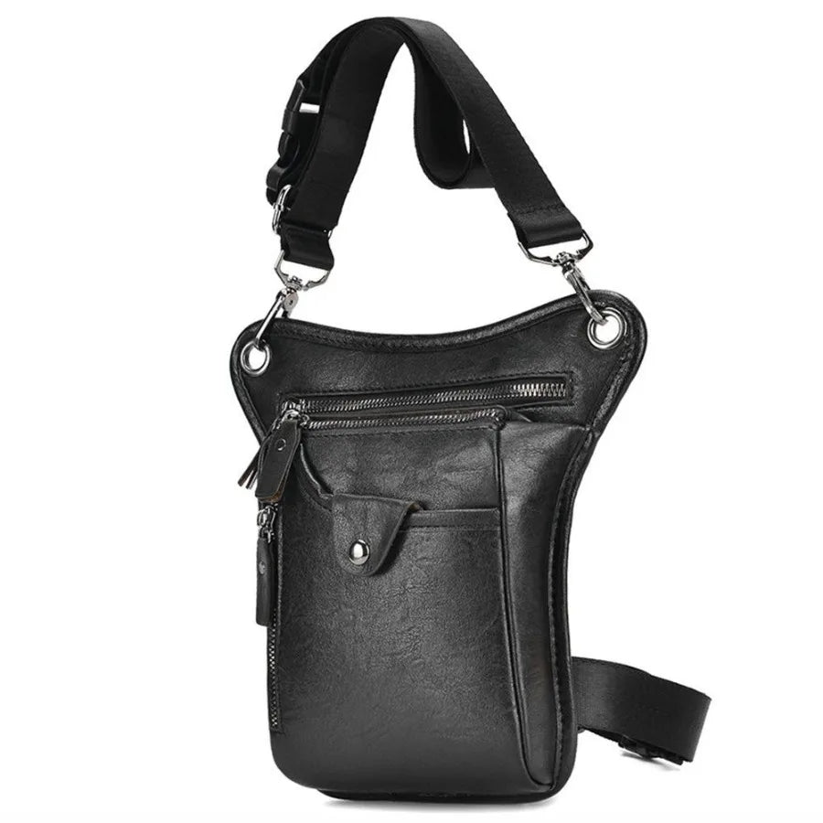 Black multi-purpose PU waist pack bag with adjustable strap and zippered compartments