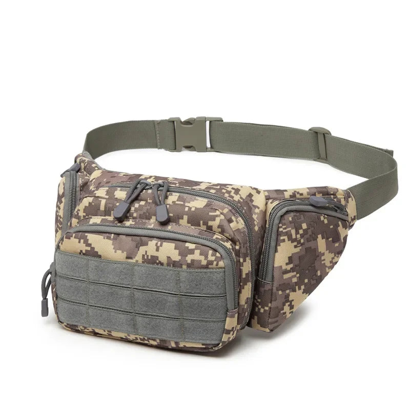 A camouflage patterned multi-compartment waist pack in olive green fabric.