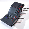 Black genuine leather men's business wallet showing various card slots and a coin purse.