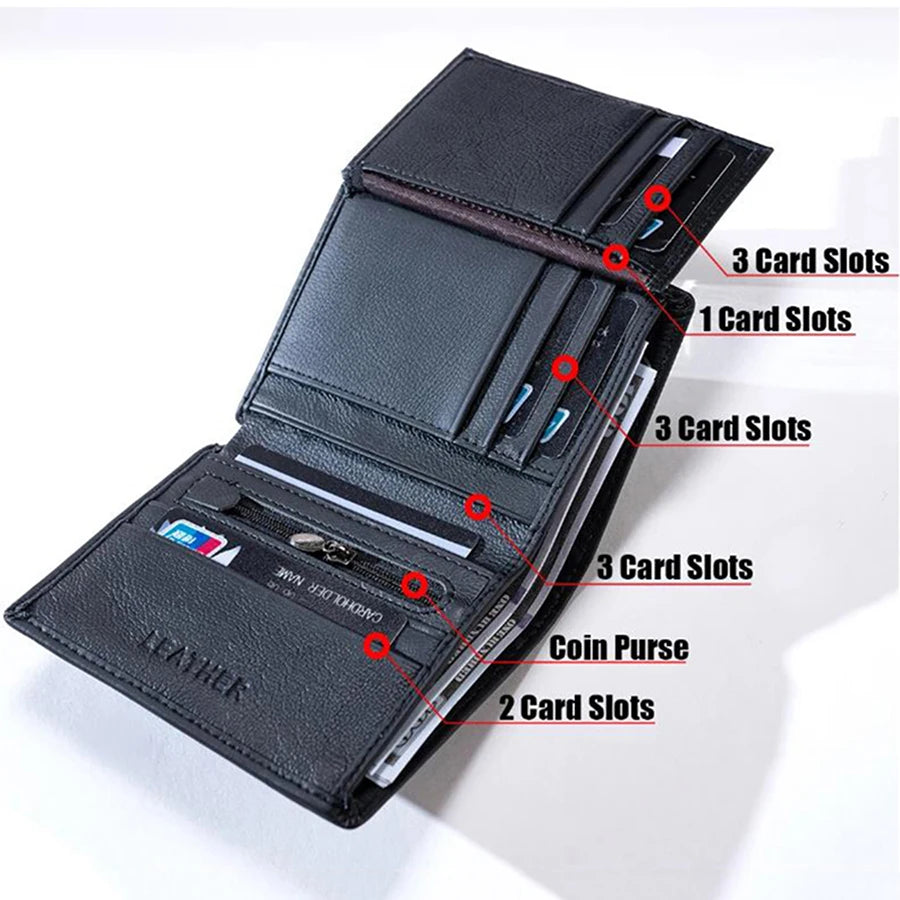 Black genuine leather men's business wallet showing various card slots and a coin purse.