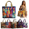 Colección de bolsas tote acolchadas vintage con bordado de gallos coloridos y patrones florales.
