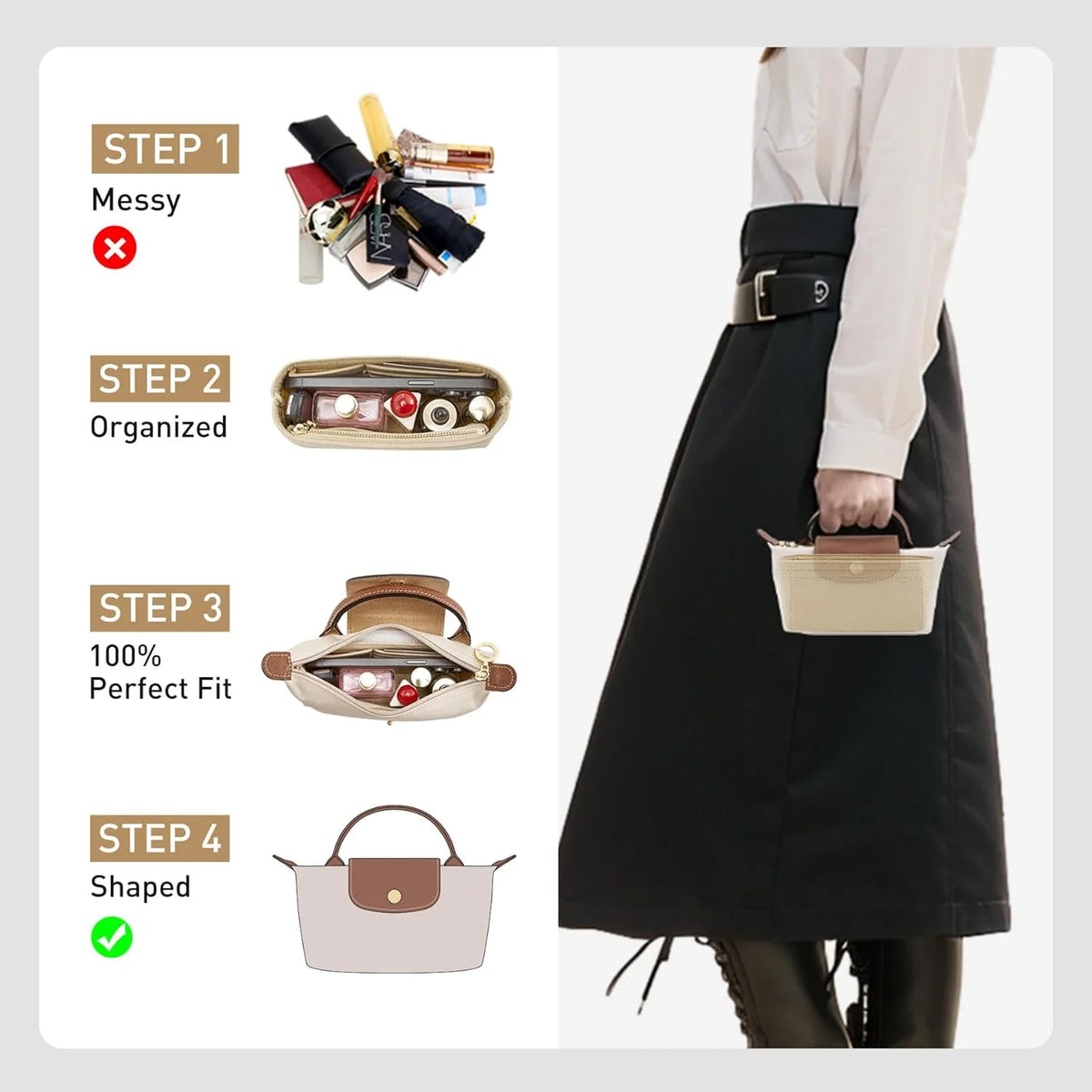 A woman holds a black felt bag with a beige organizer pouch attached, demonstrating a four-step process for organizing handba