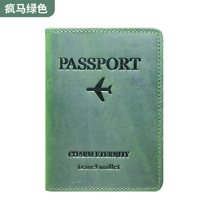 A green leather passport holder with a black airplane emblem and the text charm eternity travel wallet