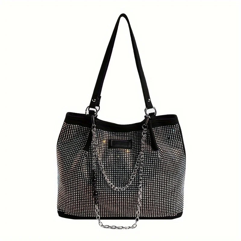 Schultertasche aus schwarzem Glitzer-Strassketten mit langer Riemchen