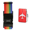 A pair of adjustable luggage security straps featuring colorful striped fabric and a red airline tag.