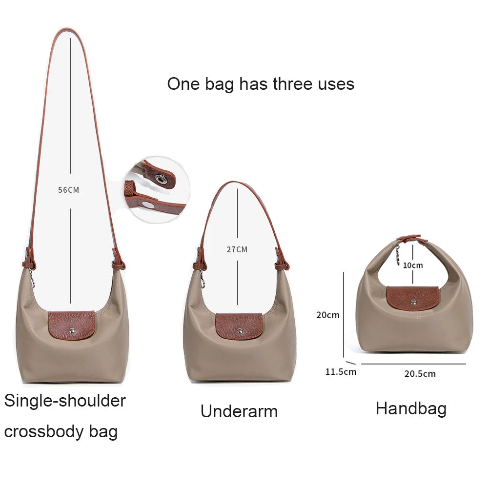 A beige waterproof nylon bag shown in three uses: single-shoulder crossbody, underarm, and handbag.