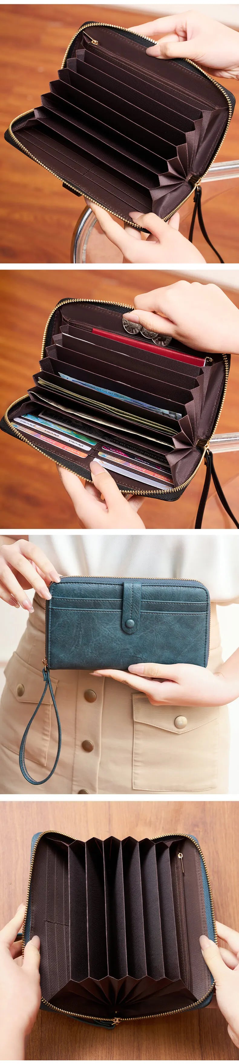 A dark brown PU leather zipper clutch wallet being opened and closed by hands.