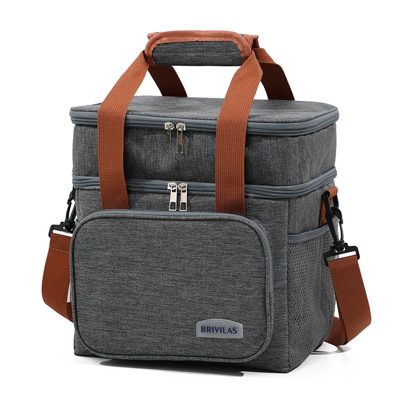 Sac de pique-nique isotherme gris à double paroi avec anses et boucles marron.
