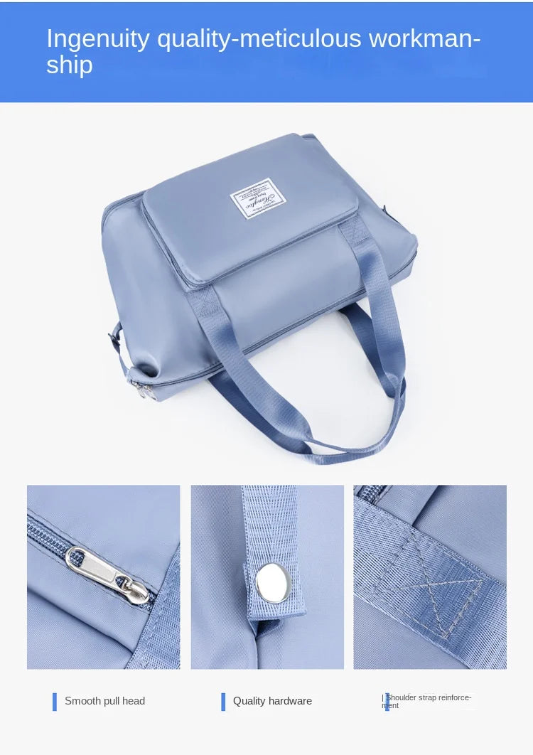A light blue expandable travel organizer bag with a smooth pull head and quality hardware.