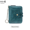 A teal leather bifold wallet with a zipper closure and chain, shown against a white background.
