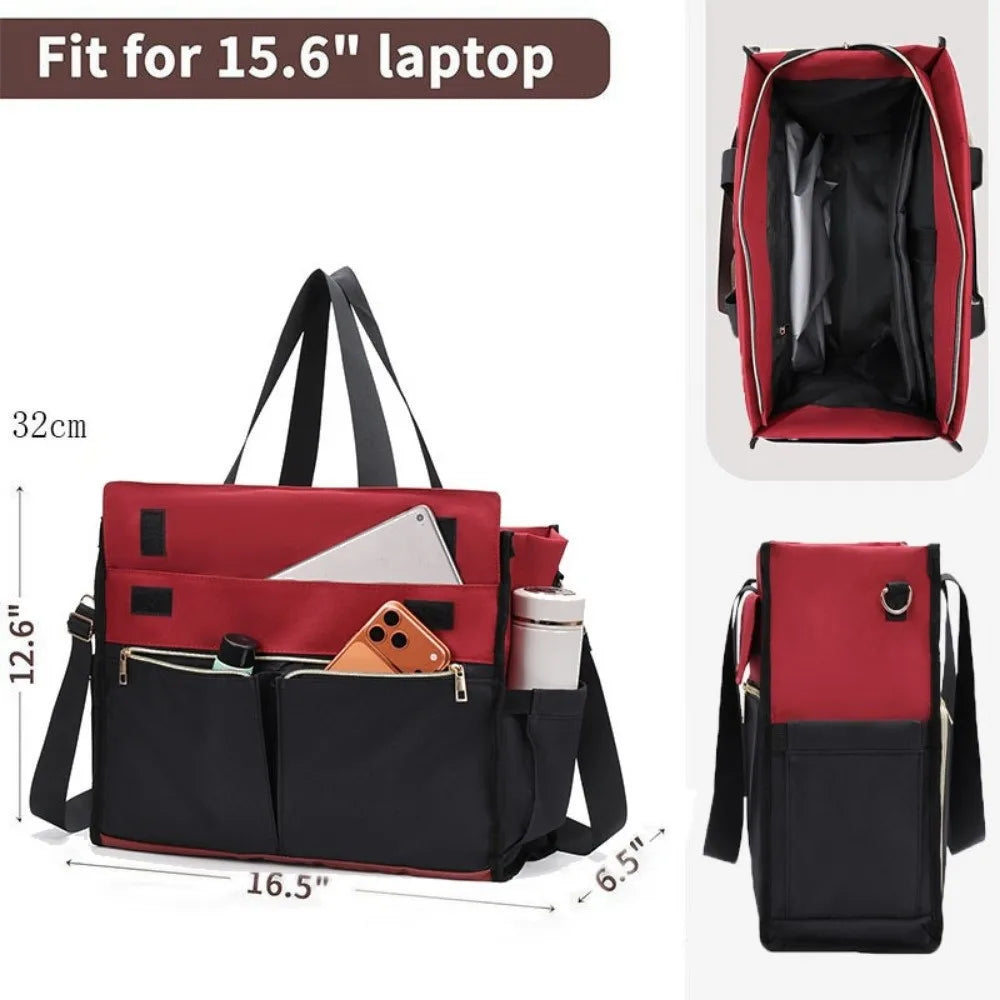 Rote und schwarze isolierte Stoff-Lunchtasche mit Schulterriemen in verschiedenen Ansichten.