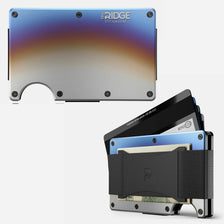 A titanium Ridge slim RFID blocking wallet shown with a card inserted.