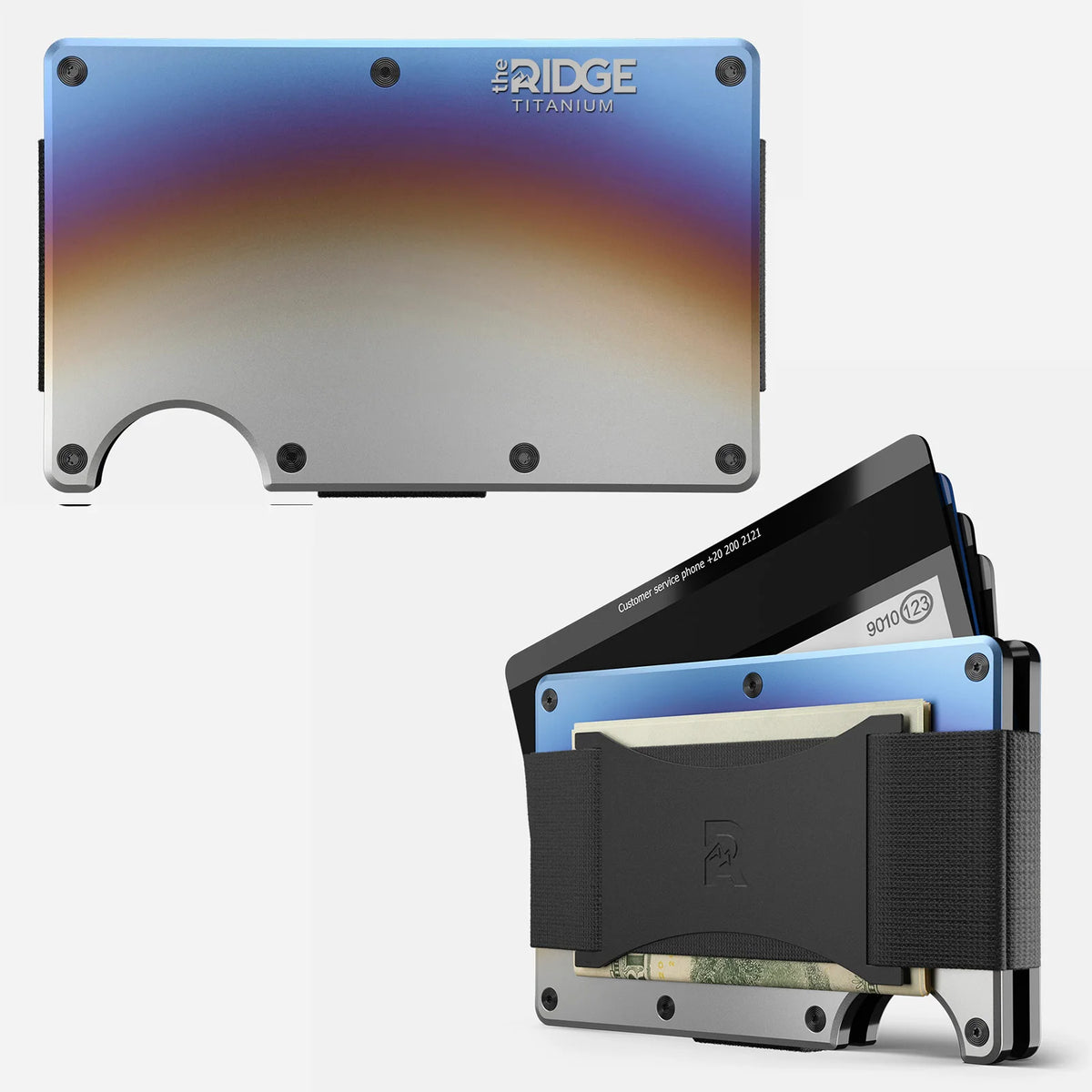 A titanium Ridge slim RFID blocking wallet shown with a card inserted.