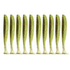 A row of ten adjustable soft lure fishing tackle pieces in a yellowish-green color.