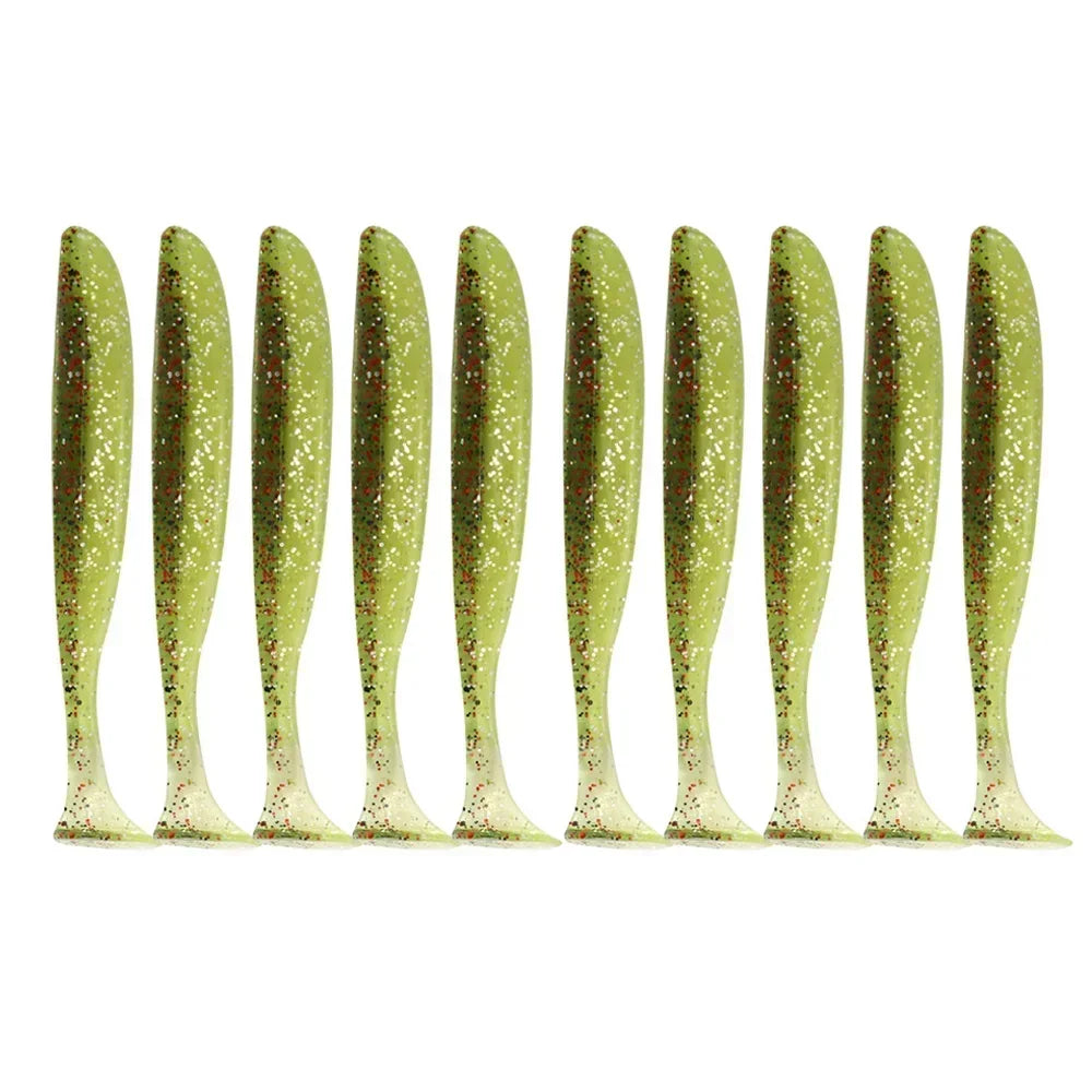 A row of ten adjustable soft lure fishing tackle pieces in a yellowish-green color.