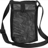 Black mesh crossbody sling bag designed to carry a water bottle.
