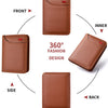 A brown slim bifold wallet shown from the front, inner, side, and back views.