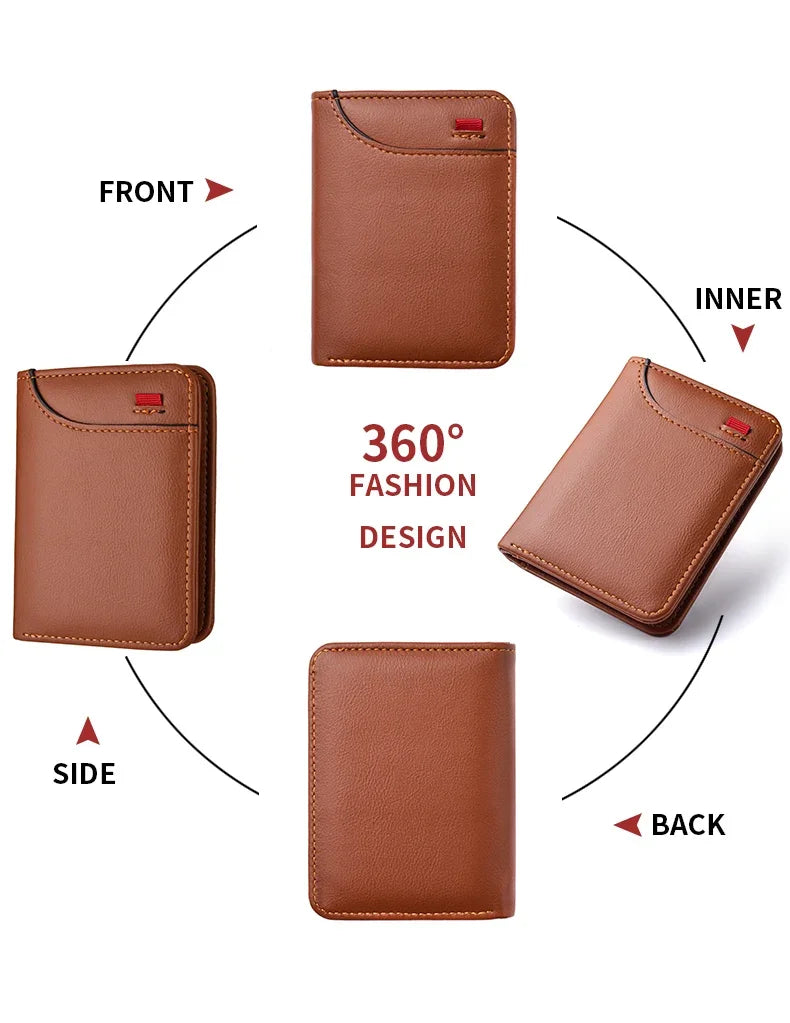 A brown slim bifold wallet shown from the front, inner, side, and back views.