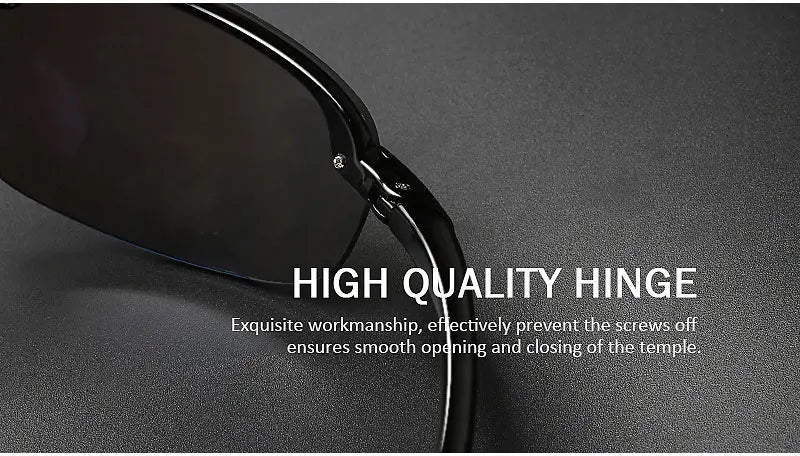 Close-up of black rimless polarized sports sunglasses showing a high quality hinge mechanism.