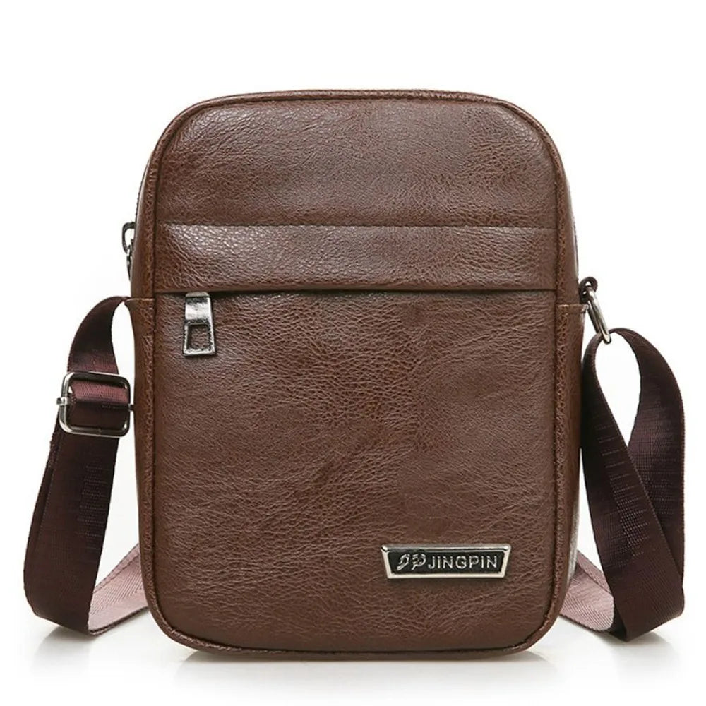 A brown waterproof PU leather sling bag with a flap and adjustable strap is shown from the back.