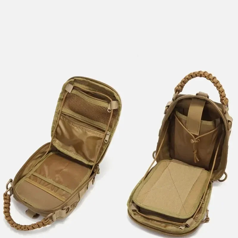 A tan tactical sling bag is shown open, displaying its interior and adjustable strap.
