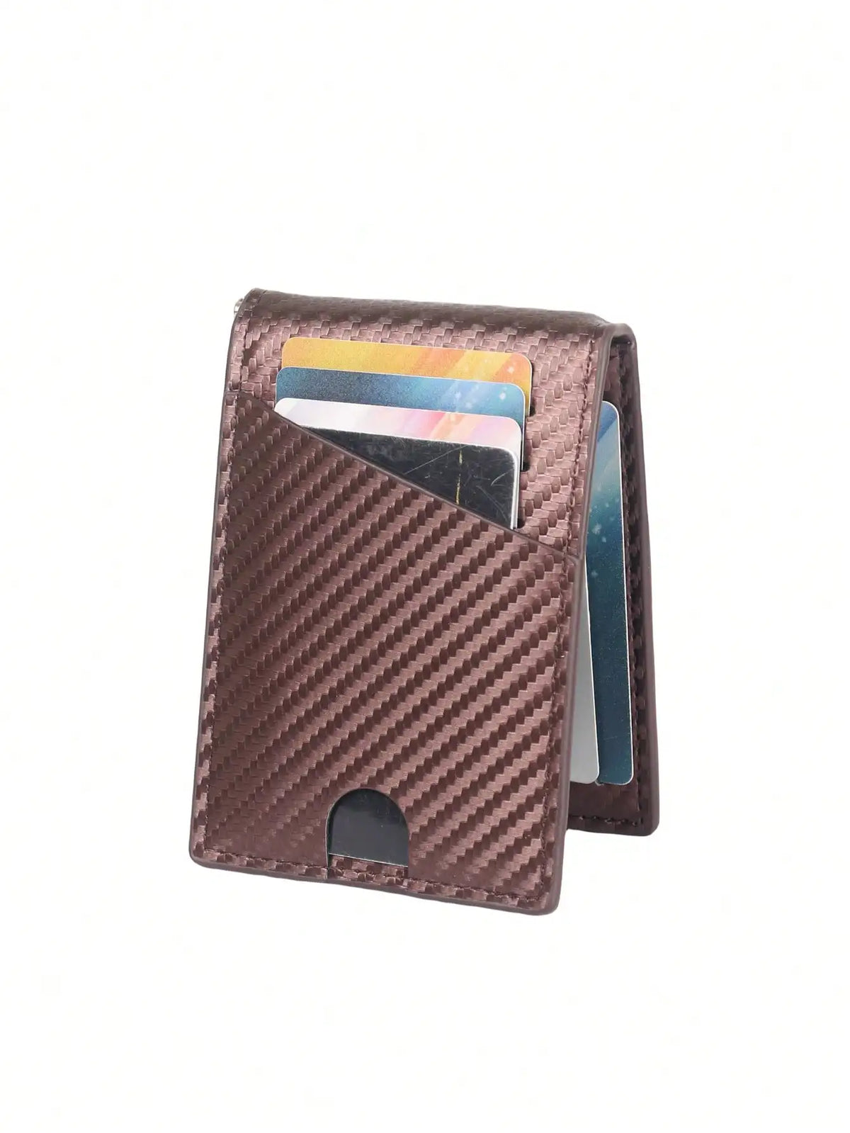 Estuche de tarjeta de fibra de carbono marrón con ranura para tarjetas.