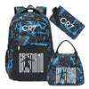 A black and blue patterned sports laptop backpack with a separate rain cover.