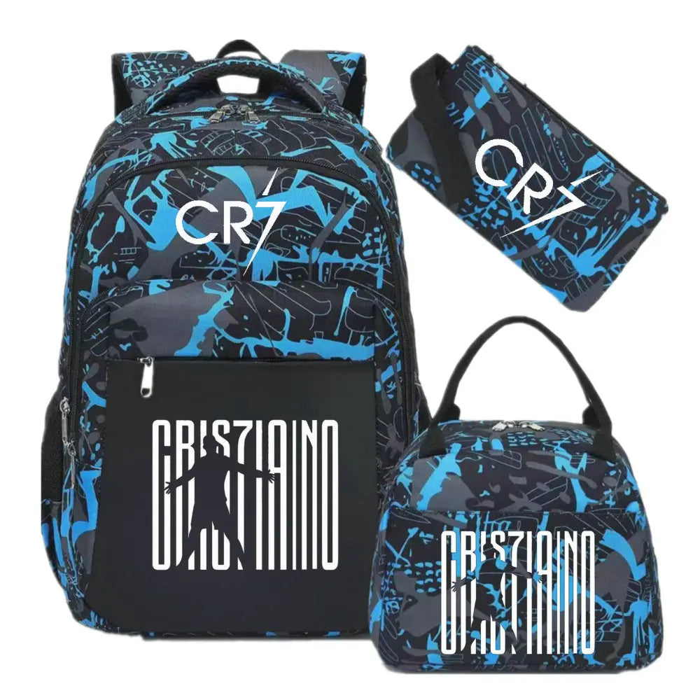 A black and blue patterned sports laptop backpack with a separate rain cover.