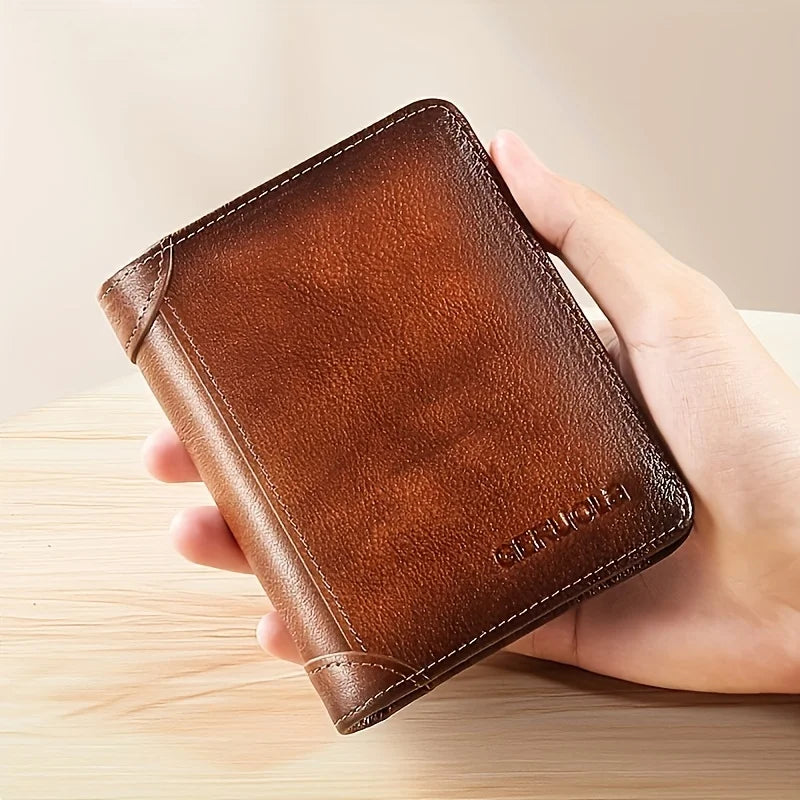 A hand holds a brown genuine leather wallet with stitching on a light wooden surface.