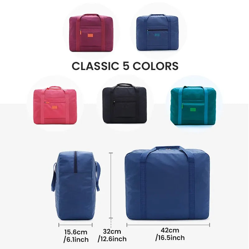 A collection of five colored foldable travel duffel bags shown in various shades including red, blue, black, and green.