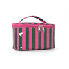 Bolsa de almacenamiento cosmético a rayas rosa y verde con asa a rayas negra y rosa.