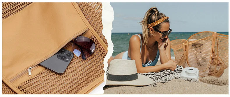 A woman wearing sunglasses and a head wrap sits on the beach with a foldable mesh tote bag nearby.