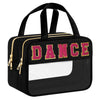 Black clear makeup bag featuring a pink chenille letter DANCE on the front