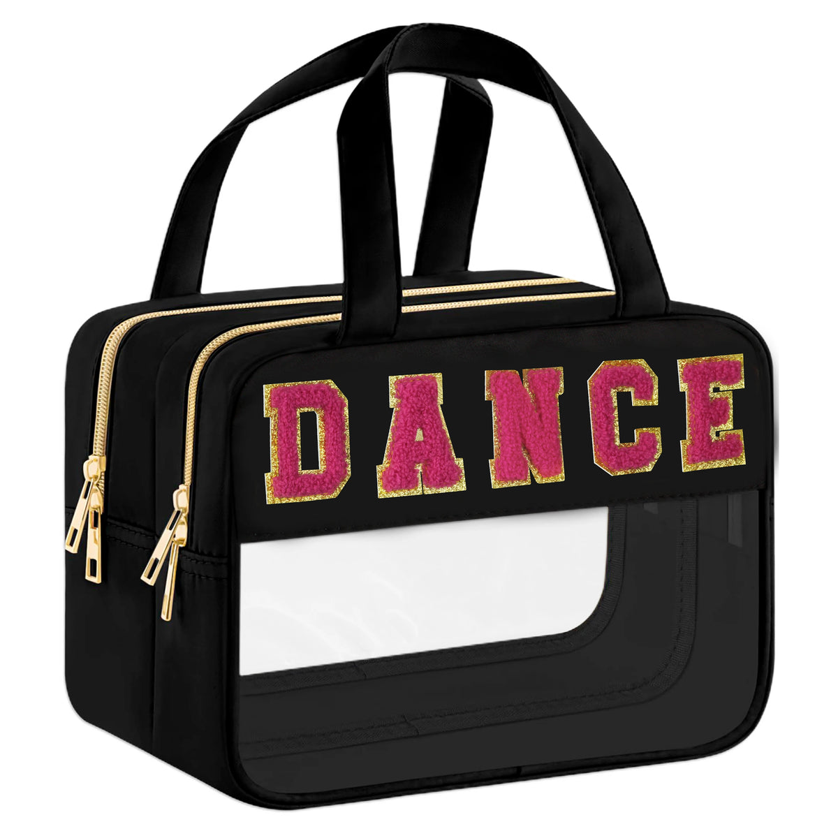 Black clear makeup bag featuring a pink chenille letter DANCE on the front