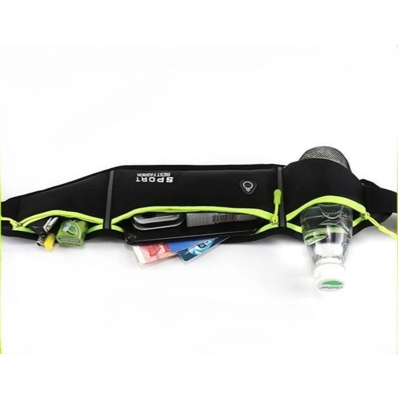 Black slim running belt with a water bottle pocket for women and men