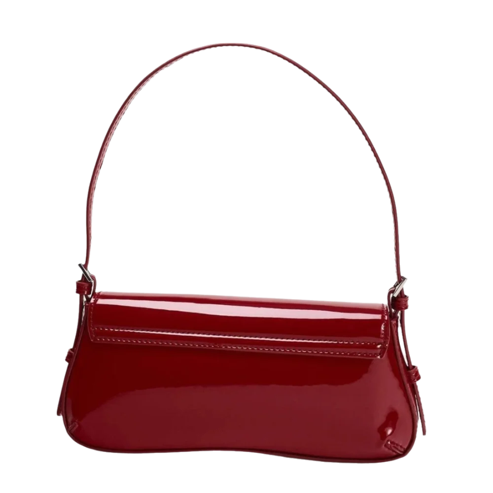 A deep red PU leather shoulder bag with a thin strap shown against a black background.