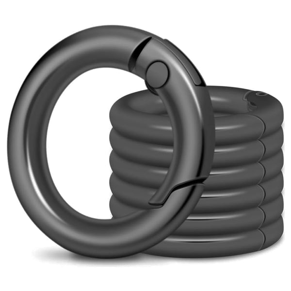 A stack of black metal key rings with spring-loaded clips.
