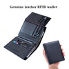 A black genuine leather RFID wallet is shown open and closed, held in a hand.