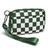 A dark green checkered multi-card wallet with a clear ID window and attached strap.