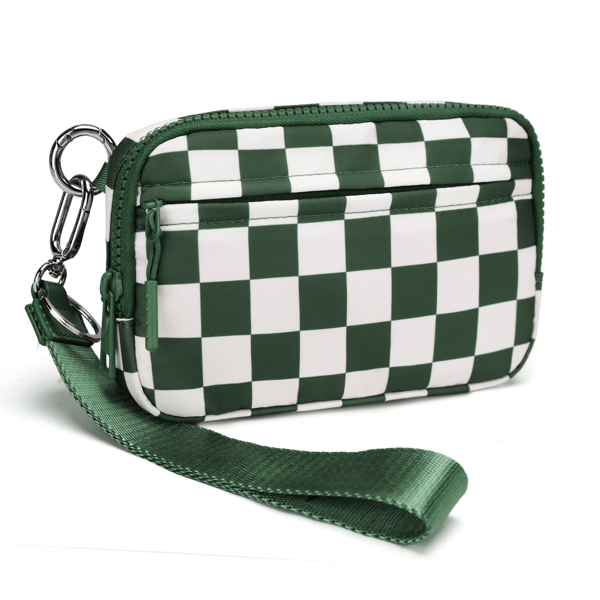 A dark green checkered multi-card wallet with a clear ID window and attached strap.