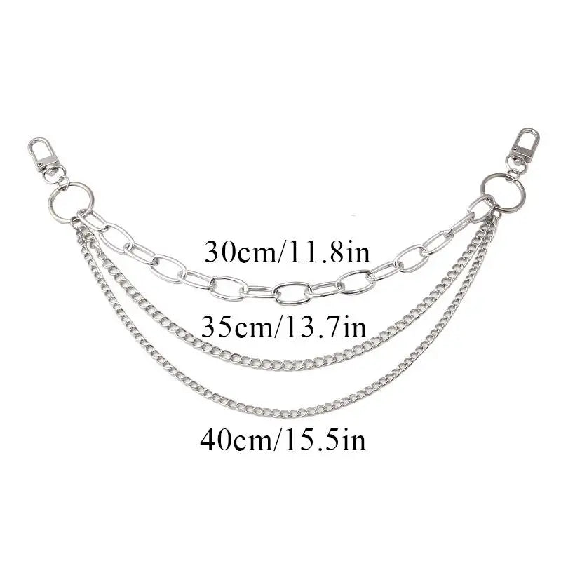 Silver bohemian layered bag chain featuring three different lengths 30cm, 35cm, and 40cm
